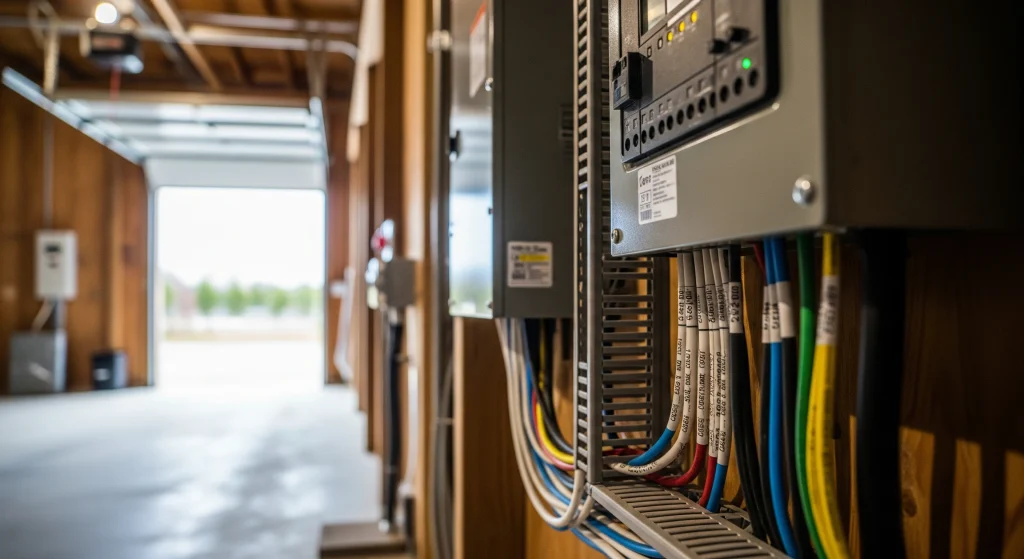 Wiring and electrical panels are prominently displayed within a well-lit, spacious garage