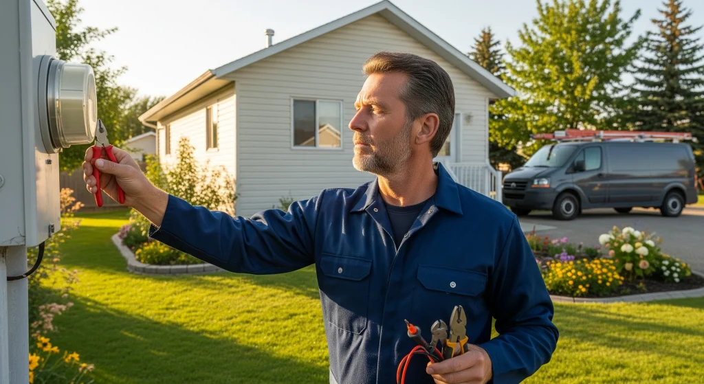 Clear Electrical Solutions Inc technician inspects an electrical meter outside a residential property