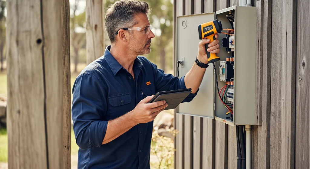 A man inspects an electrical panel while using a tool and a tablet