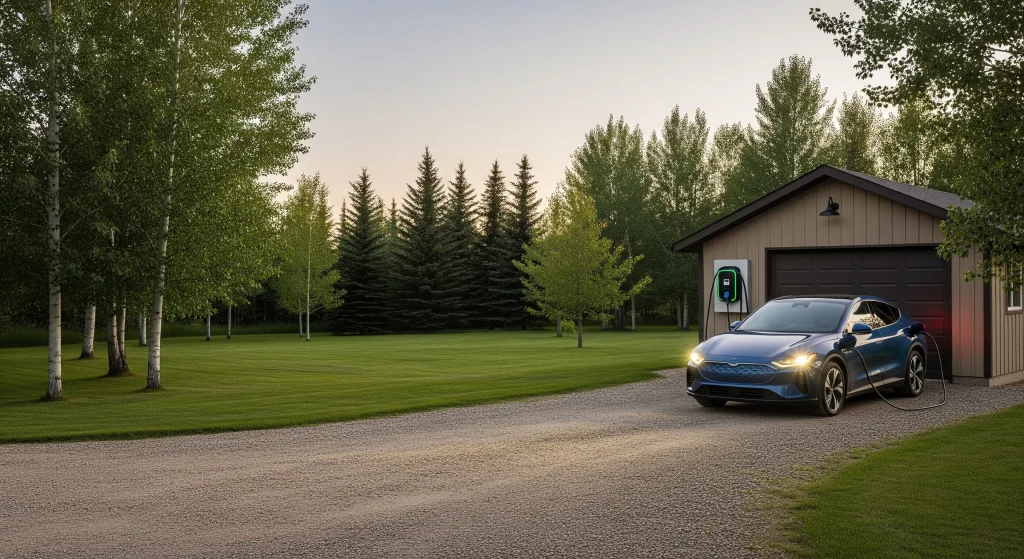 A blue electric car is parked near a modern garage surrounded by trees