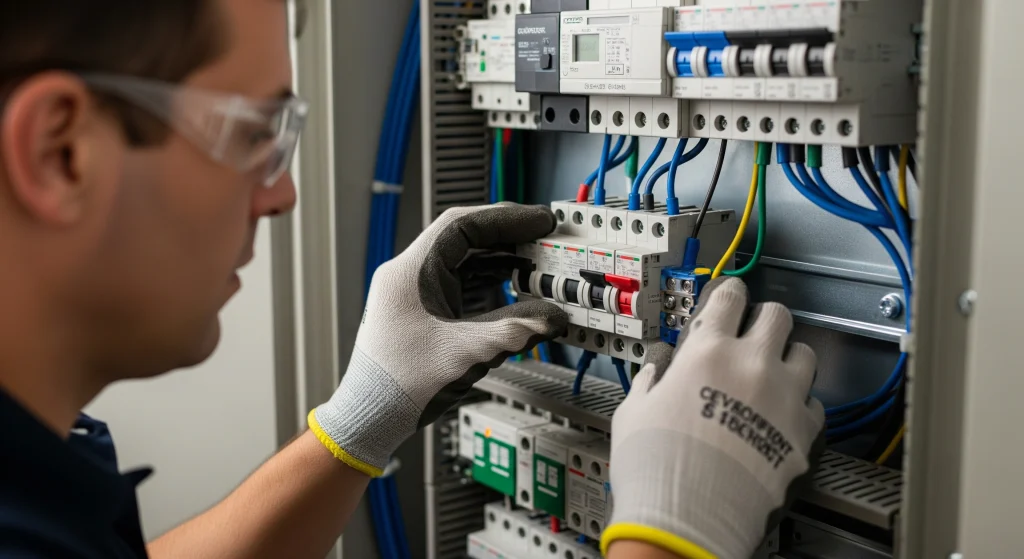 A technician adjusts circuit breakers in an electrical control panel