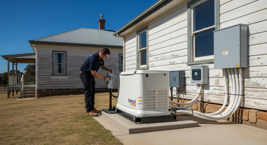 A person is inspecting a utility generator beside a house on a sunny day
