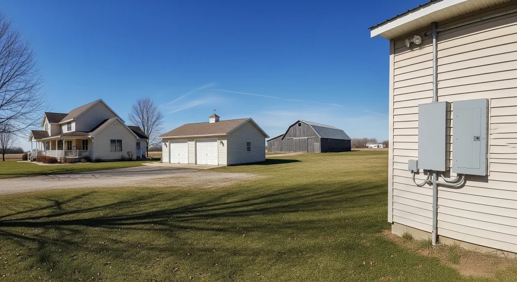 A rural landscape features a house, garage, and barn against a clear blue sky