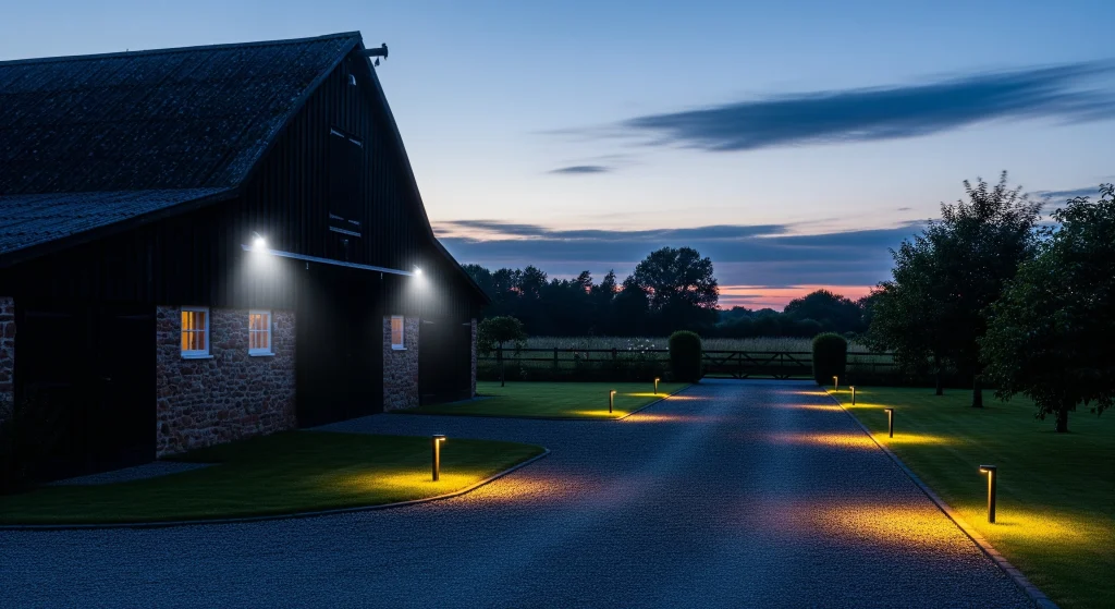 A serene driveway is illuminated by soft lights as dusk approaches