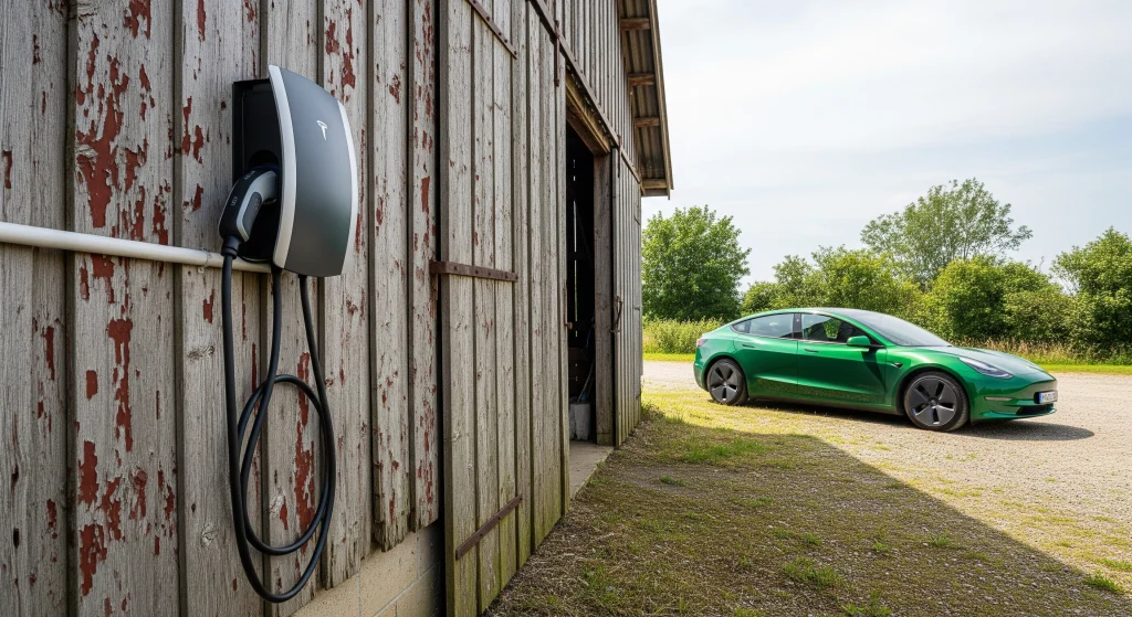 A green electric car is parked near a charging station beside a rustic barn