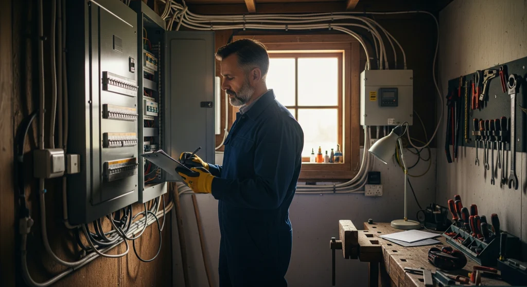 A man in work attire examines documents while standing near an electrical panel in a workshop