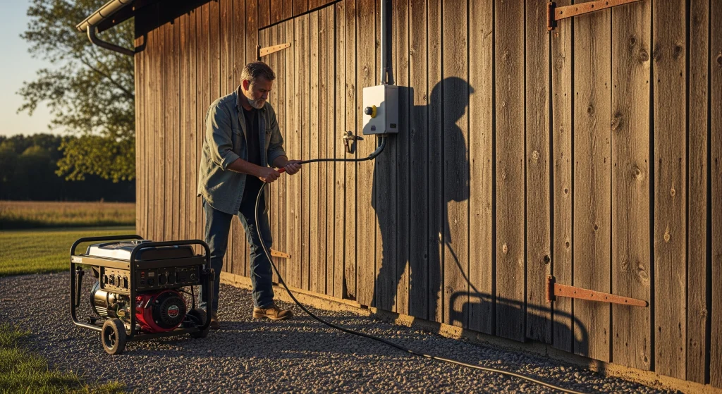 A man connects a generator to a barn's electrical outlet at sunset