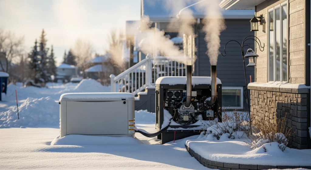 Steam rises from a generator beside a snow-covered house in winter