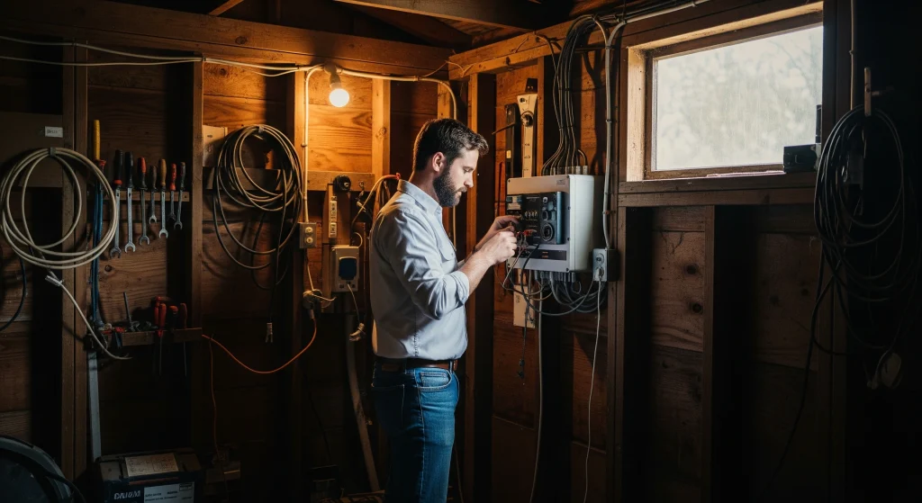 A man adjusts electrical panels inside a dimly lit wooden room