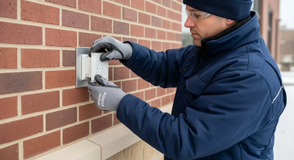 A person in winter attire is installing a device on a brick wall