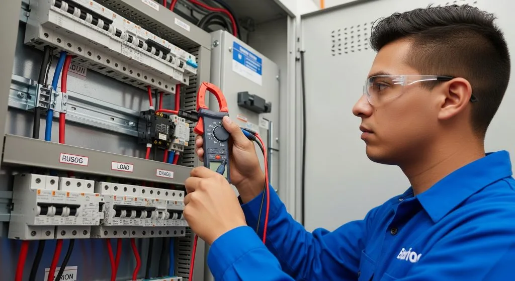 A technician examines electrical components with a multimeter while wearing safety goggles