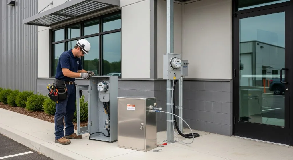 A worker adjusts equipment outside a building, wearing safety gear and focused on the task