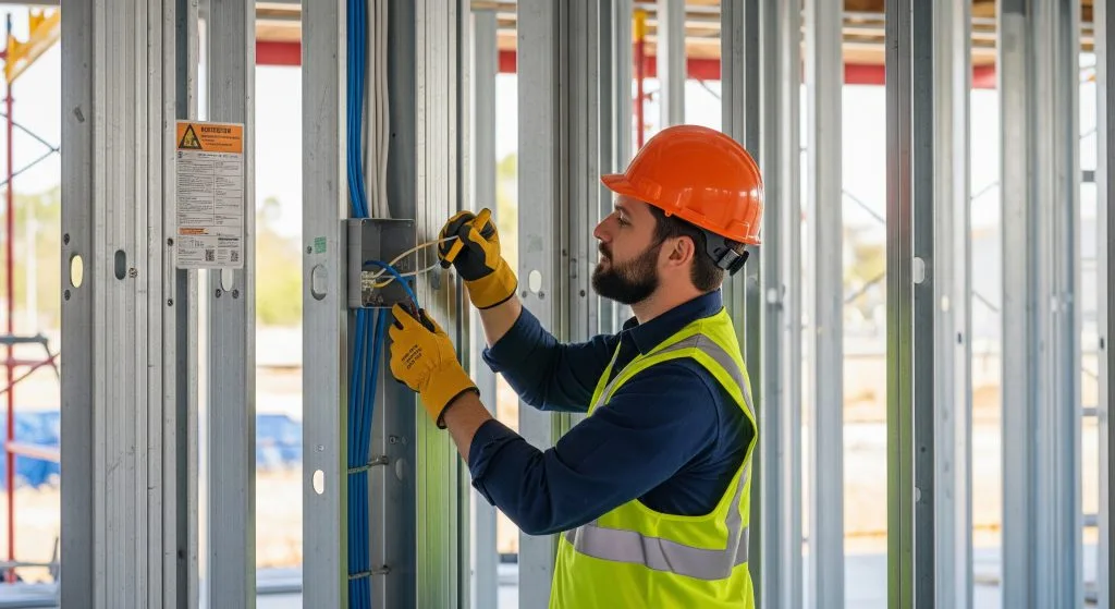 A construction worker in safety gear repairs metal framing with a wrench