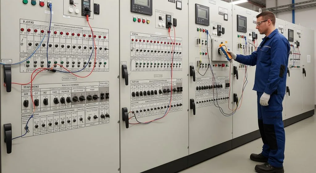 A technician operates control panels in a modern industrial setting
