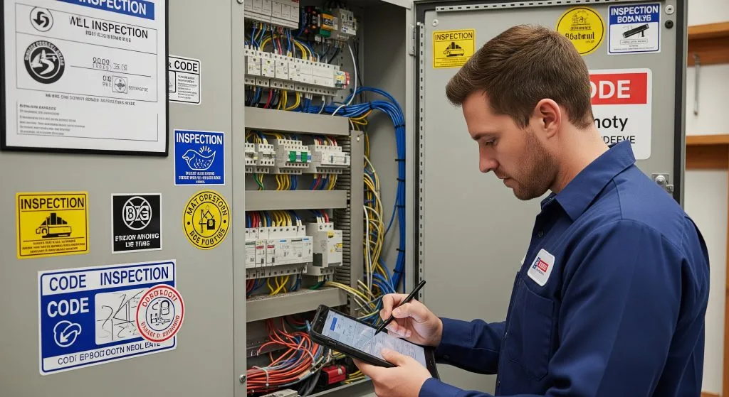 A technician inspects electrical wiring and notes observations on a tablet