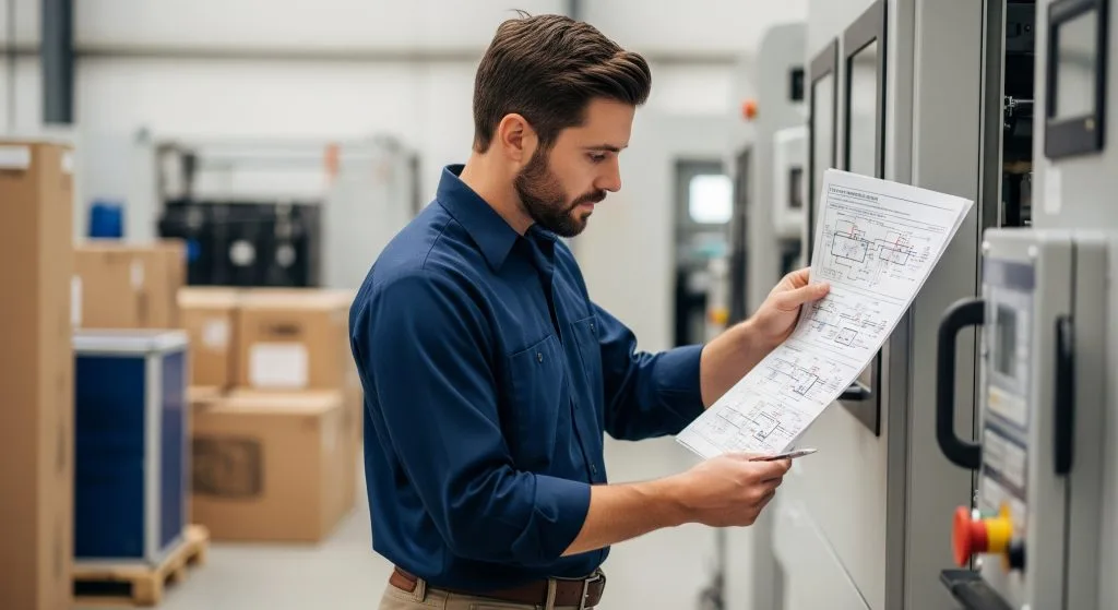 A man studies blueprints while standing near industrial machinery in a warehouse