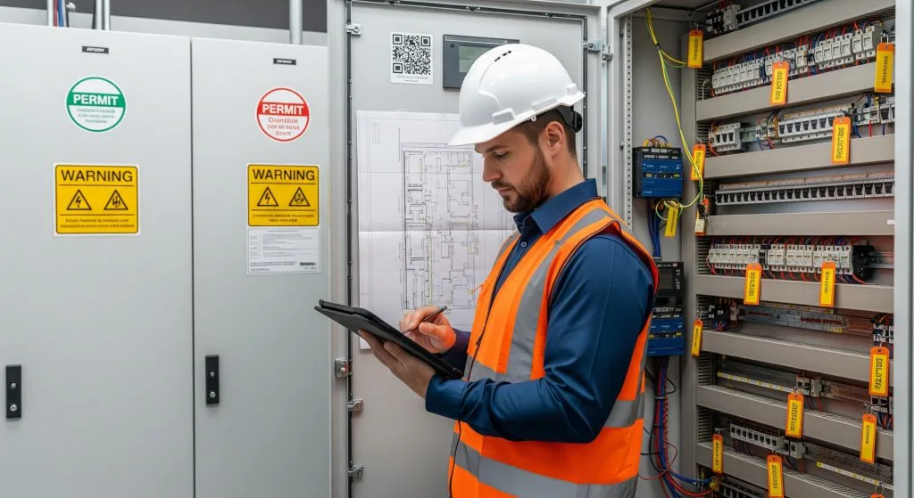 A man in safety gear inspects electrical equipment while taking notes on a tablet