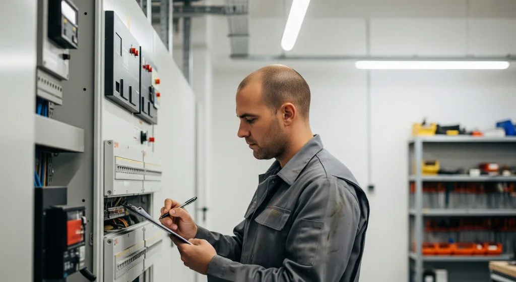 A technician inspects equipment while taking notes in a modern facility