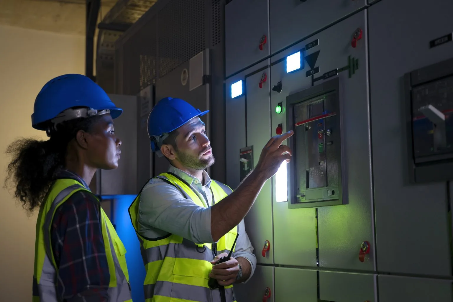 Two individuals in hard hats and safety vests inspect electrical equipment indoors