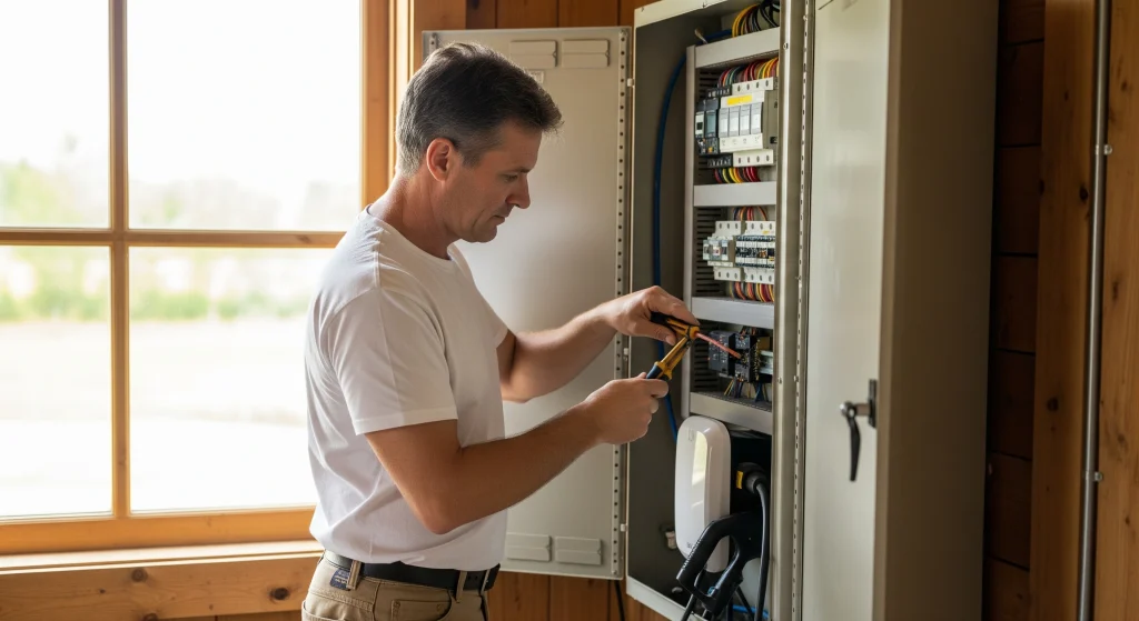 A man works on an electrical panel, adjusting wires and components