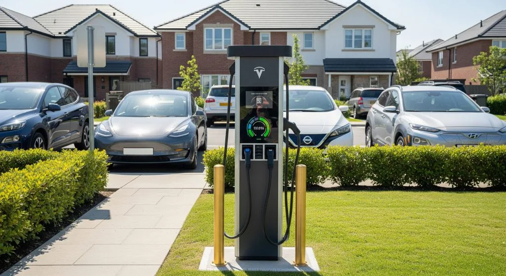 An electric vehicle charger stands in a residential parking area amidst parked cars
