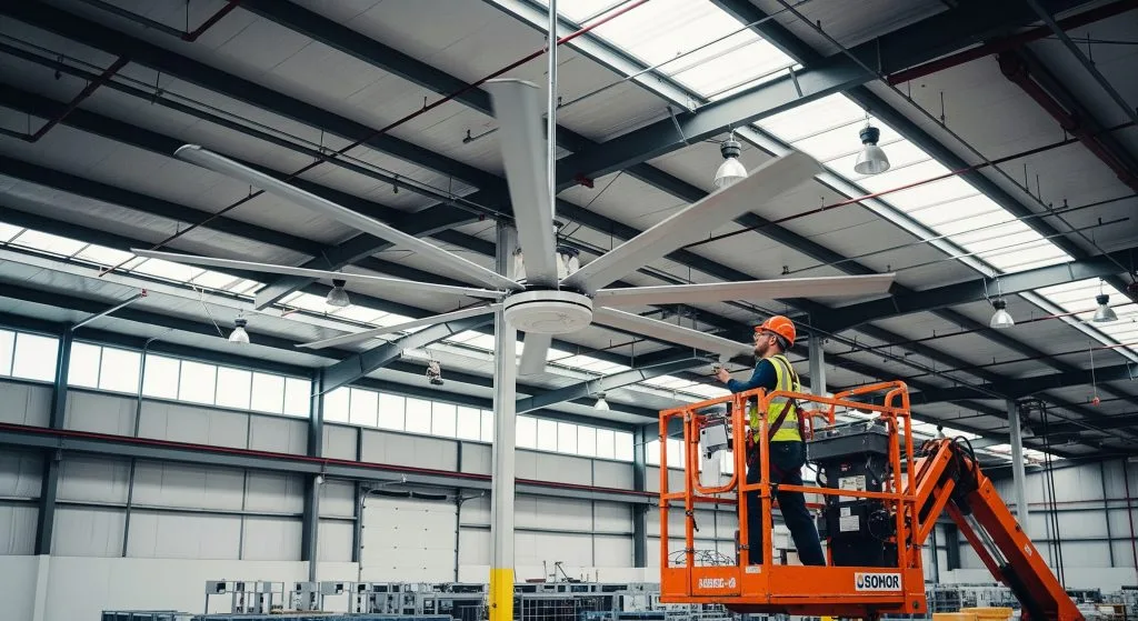 A worker safely operates a lift to inspect a large ceiling fan in an industrial setting