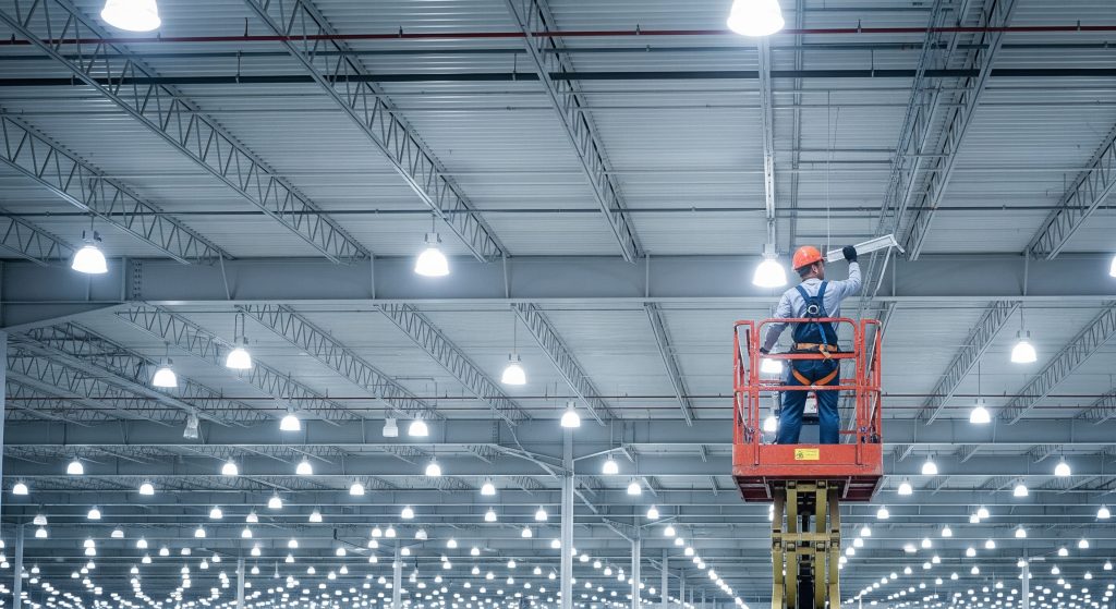 Commercial Lighting Installation Calgary expert (Clear Electrical) performing an LED retrofit in an office or retail space.