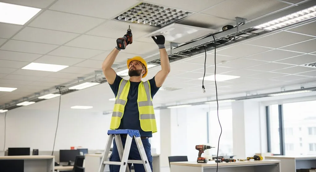 A worker on a ladder installs equipment on a ceiling in an office space