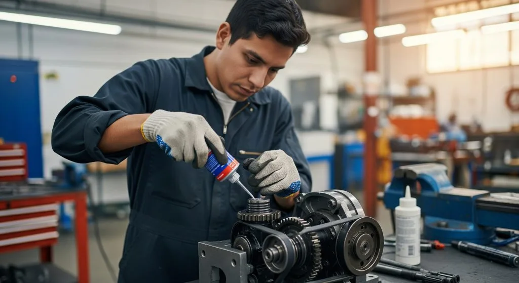 A technician intently repairs machinery using a screwdriver in a workshop