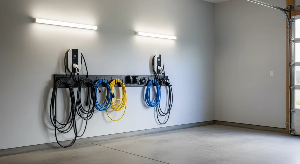 A clean, organized garage features mounted electric chargers and neatly coiled cables