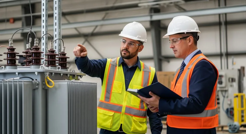 Two men in safety gear discuss equipment while inspecting a transformer