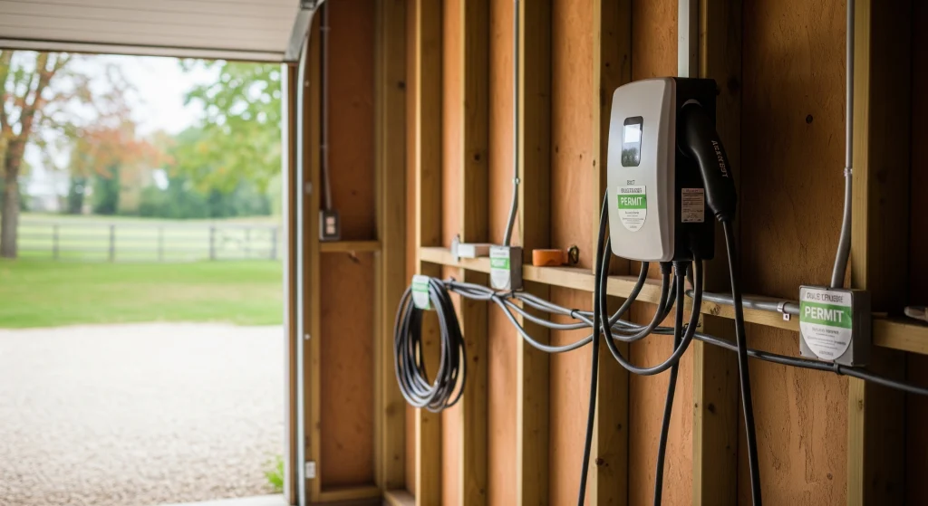Clear Electrical installing an Acreage EV Charger Installation system with trenching and wiring for a rural property near Calgary.