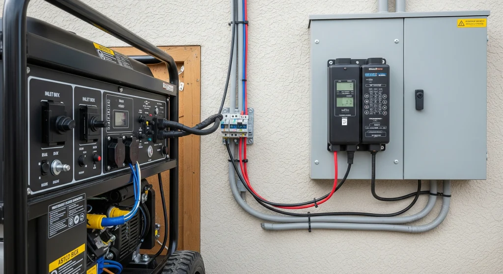 Generator installation Calgary showcases a generator connecting to a control panel with wires and switches
