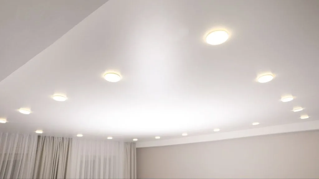 Bright circular lights illuminate a smooth, white ceiling in a modern room