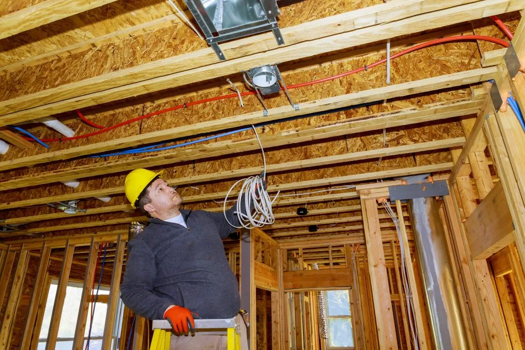 A worker in a hard hat inspects electrical wires while standing on a ladder