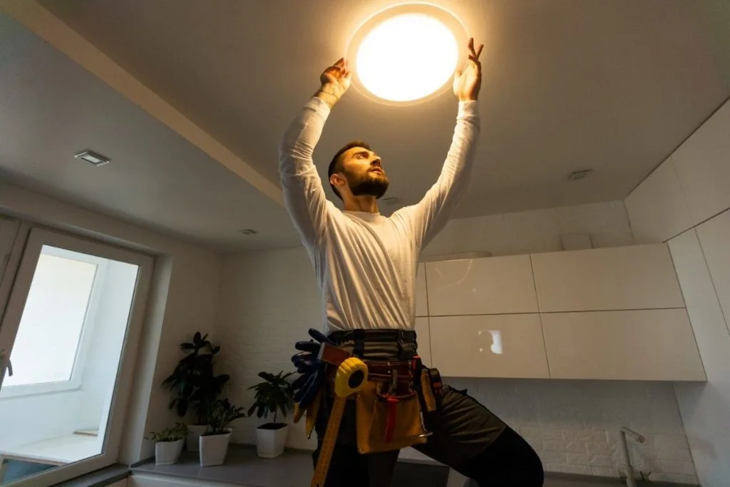 A man is installing a ceiling light fixture in a modern kitchen