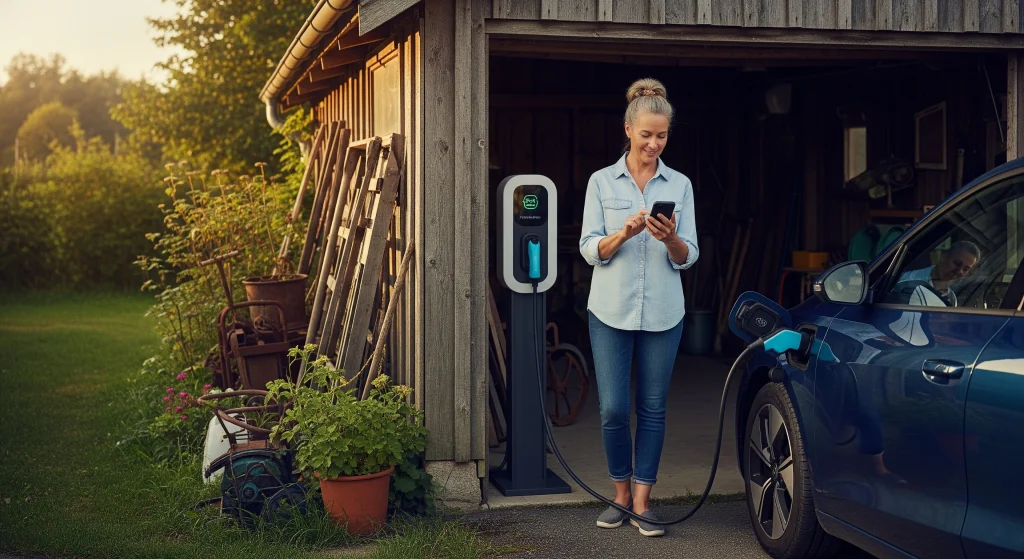 A woman stands beside an electric car, checking her phone while it charges