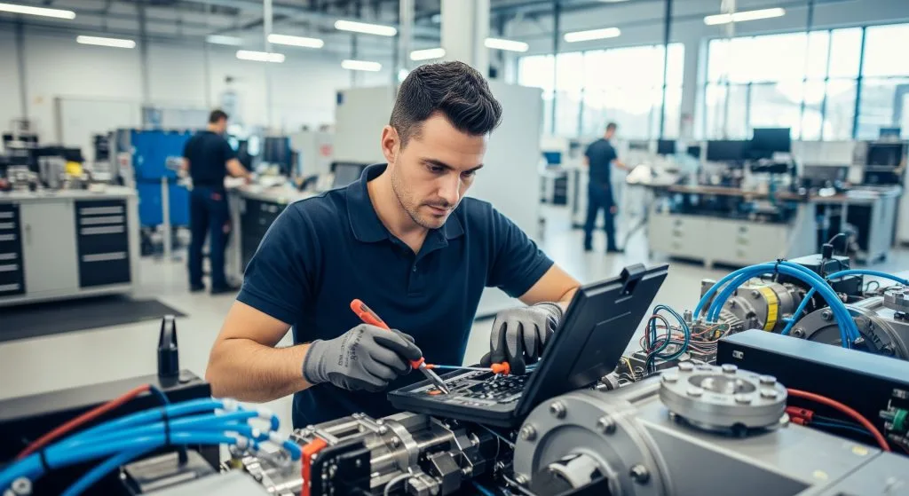 A technician works intently on machinery, using a laptop and tools in a workshop