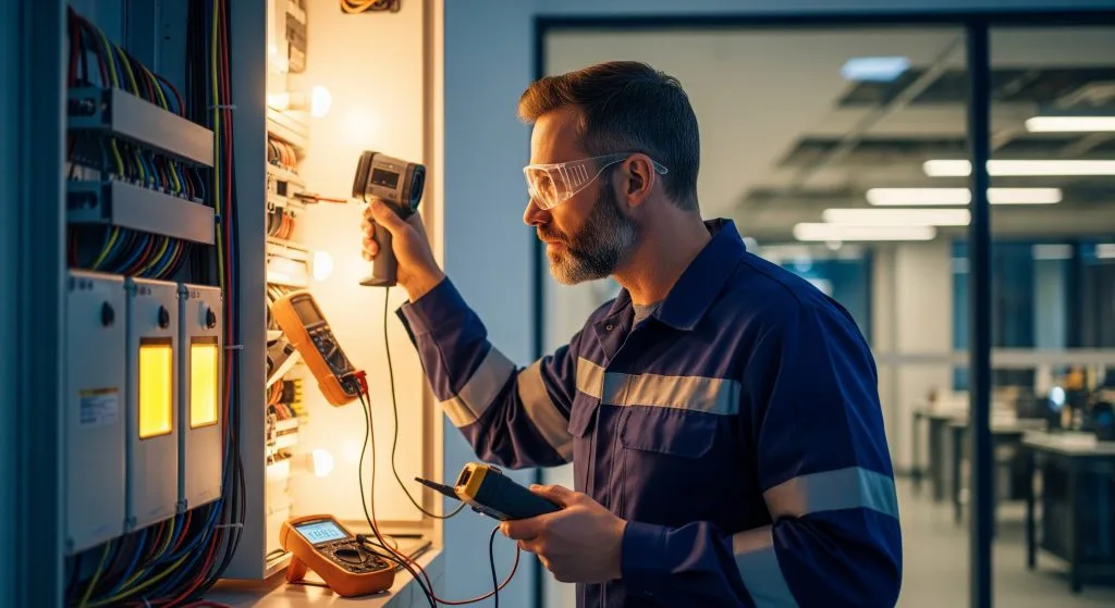 A technician inspects electrical panels using tools and measuring devices
