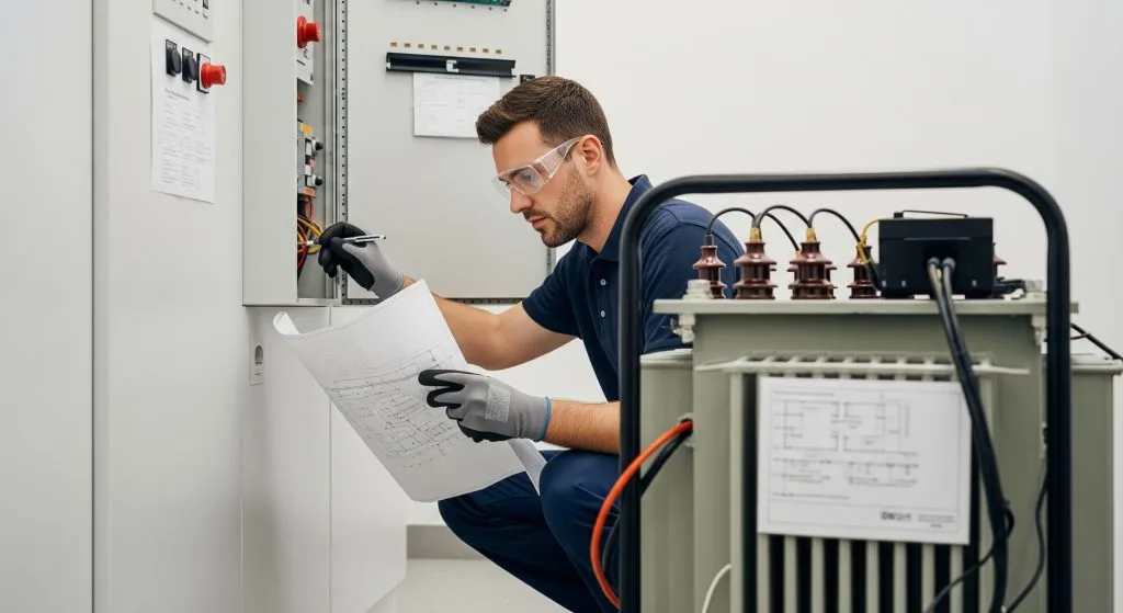 A technician examines wiring diagrams while troubleshooting electrical equipment