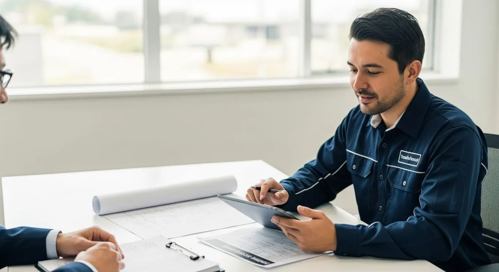 A man in work attire discusses plans with another person at a table