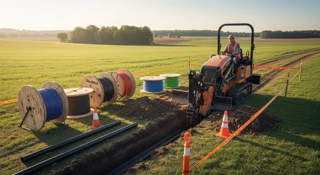 A worker operates a trenching machine near colorful cable spools in a grassy field
