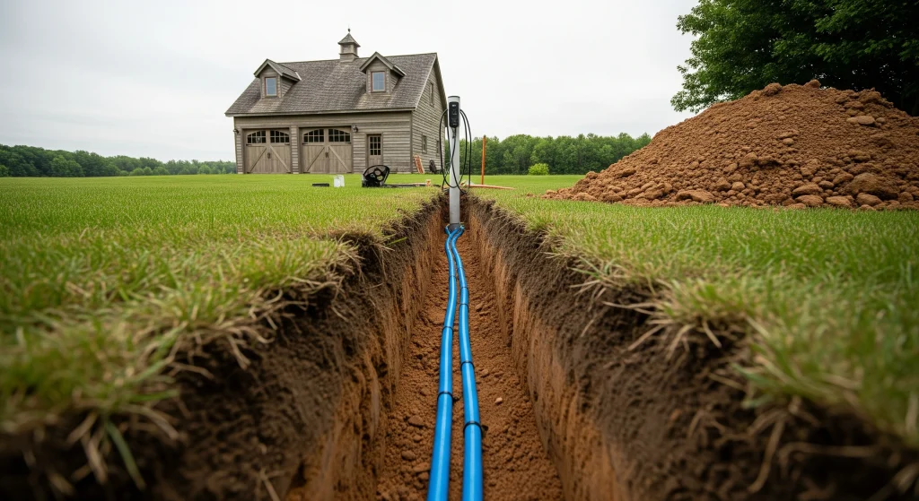A trench filled with blue piping stretches across a grassy landscape toward a nearby house