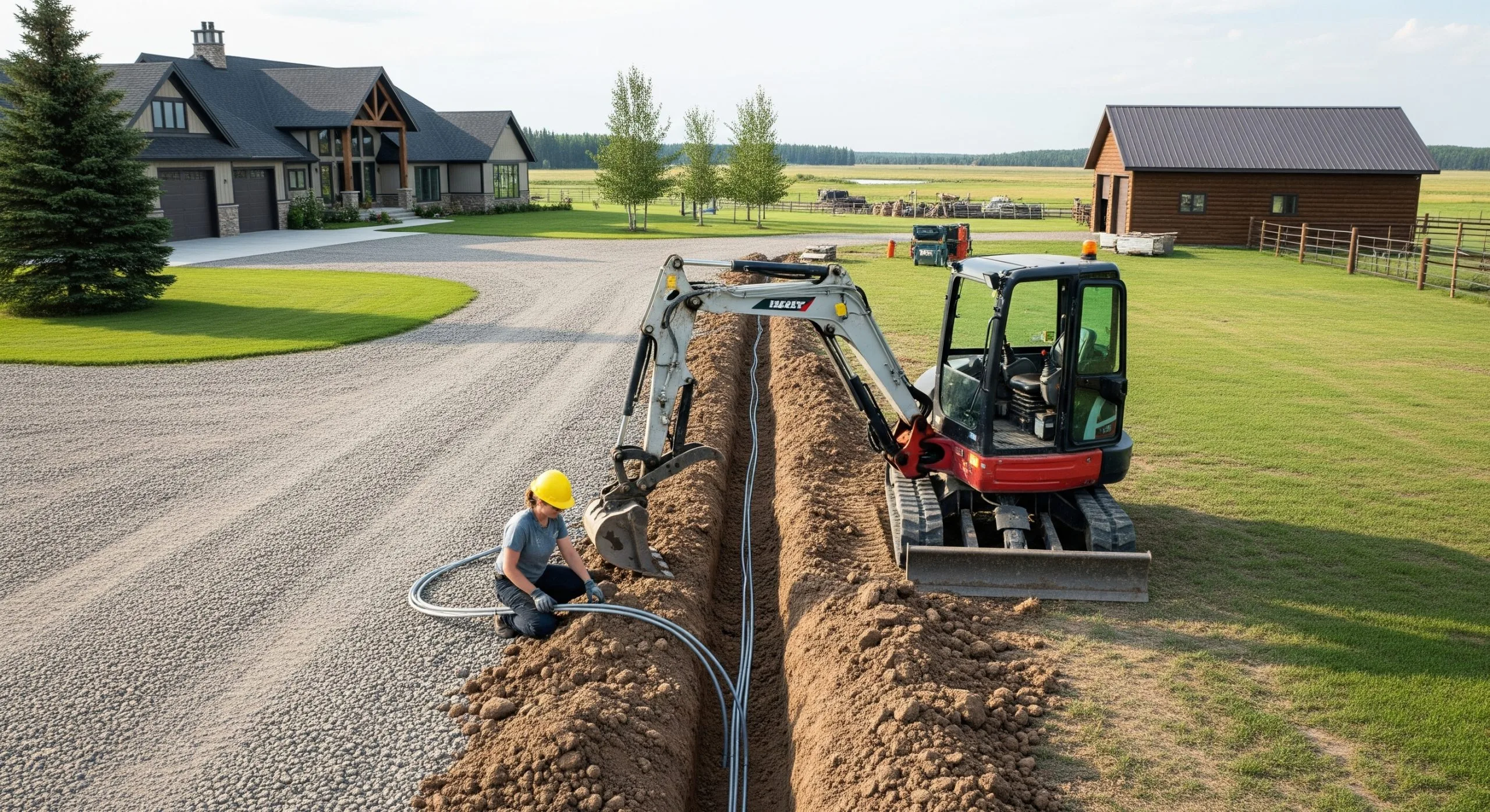 A construction worker digs a trench beside a residential property, preparing for utility installation