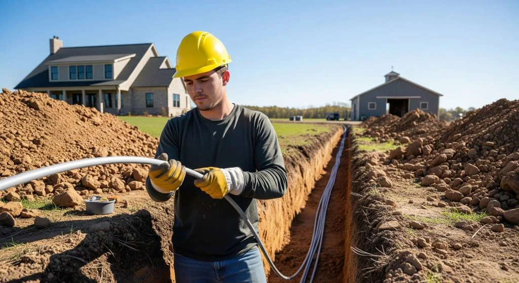 A worker in a yellow hard hat installs cable in a freshly dug trench
