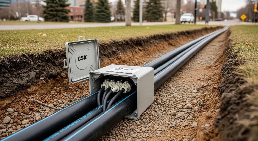 Trenching electrical in Calgary shows black cables alongside a utility access point in grass