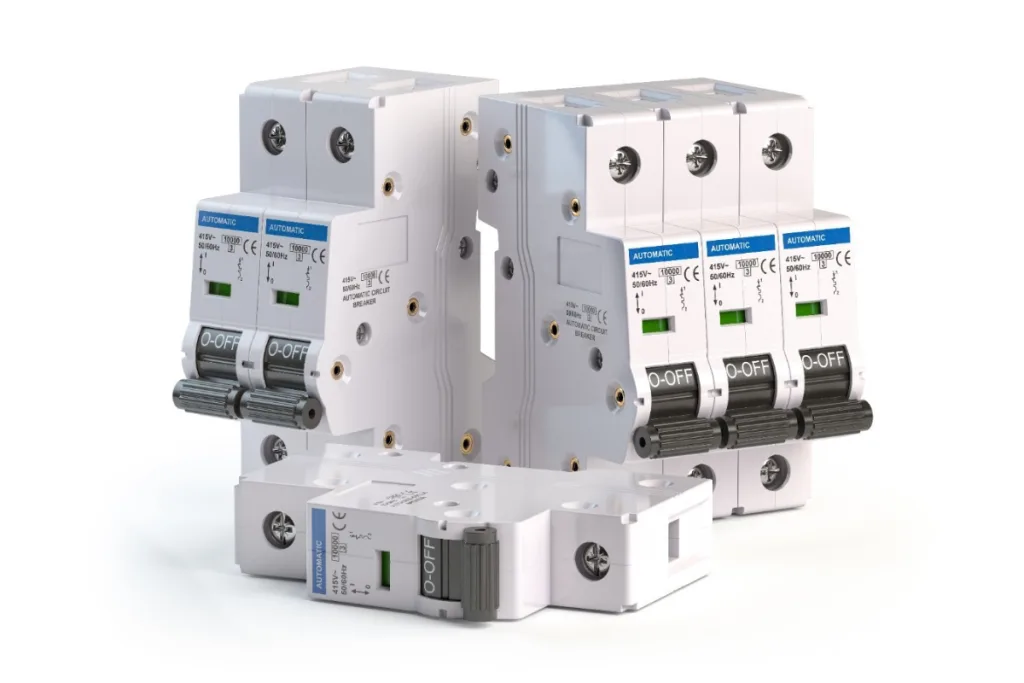 Four circuit breakers are arranged in a compact, interconnected layout
