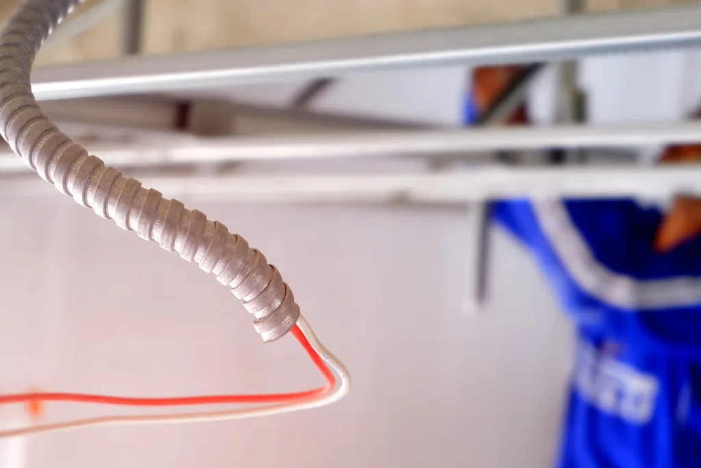 A person installs electrical wiring while standing on a scaffold