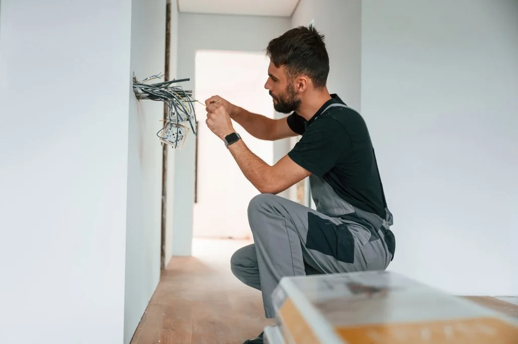 Emergency electrician Calgary connects electrical wires with focused concentration